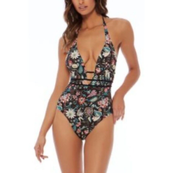 LSPACE‎ Liberty Floracopa Pamela One Piece Swimsuit Size 6 Floral Plunge Halter - Picture 1 of 10